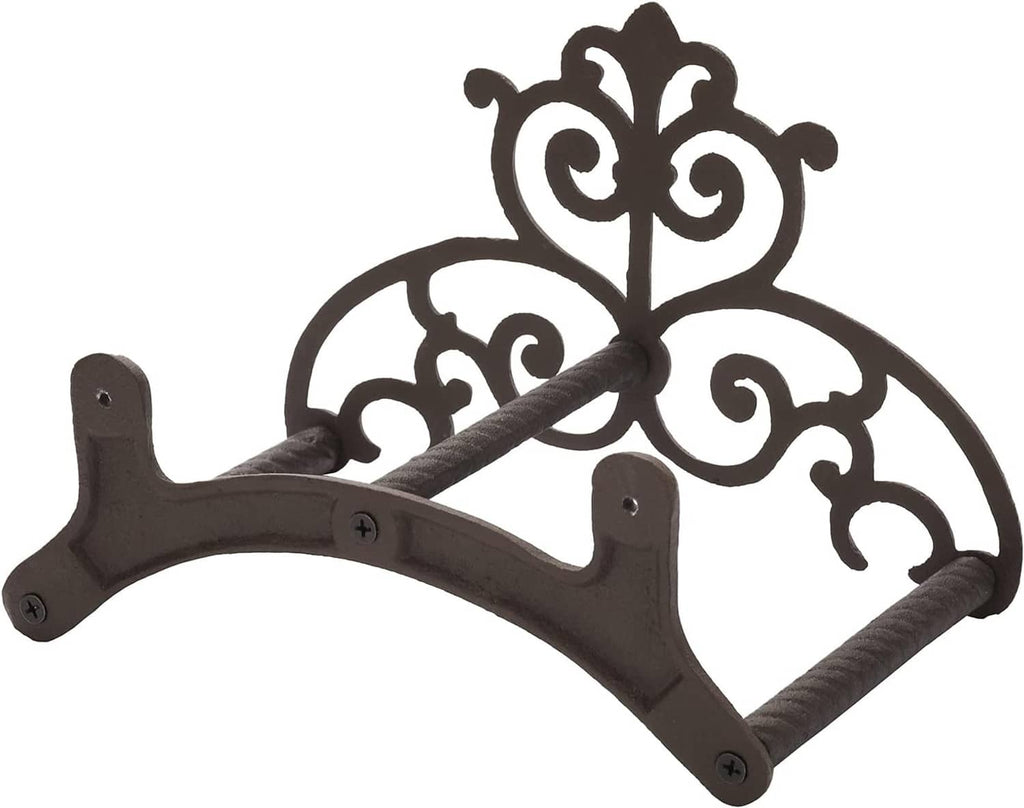 Dark ornate wall hose hanger with crest top and curled scroll details on curved base arms.