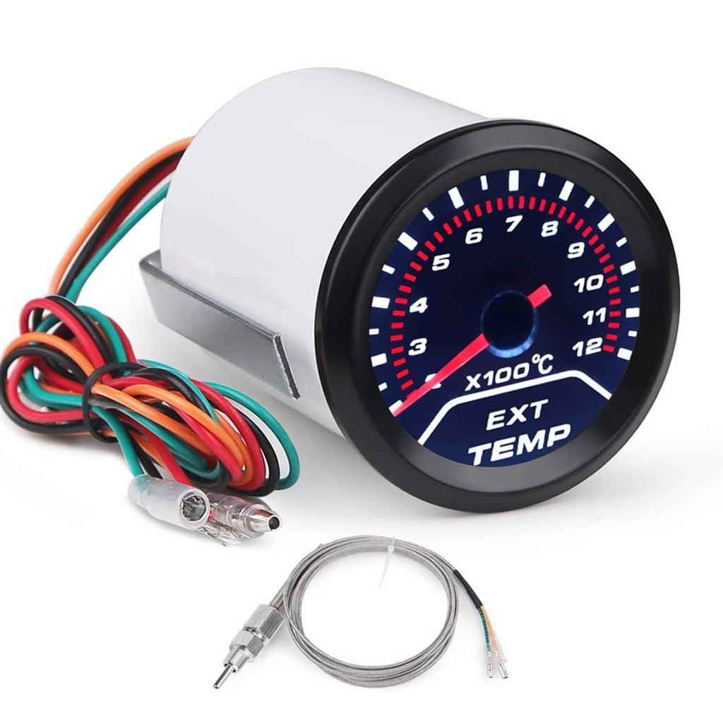 Car EGT gauge with white housing, blue dial, and wiring harness with multi-colored leads.