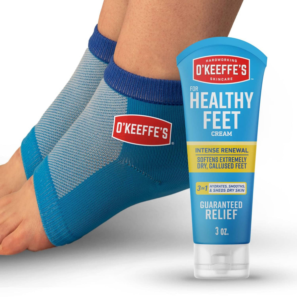 O’Keeffe’s Healthy Feet heel repair kit: blue foot sleeves and urea cream tube, 3 oz