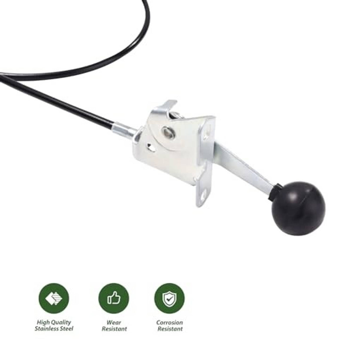 Throttle cable bracket with silver lever and black ball knob attached to black cable
