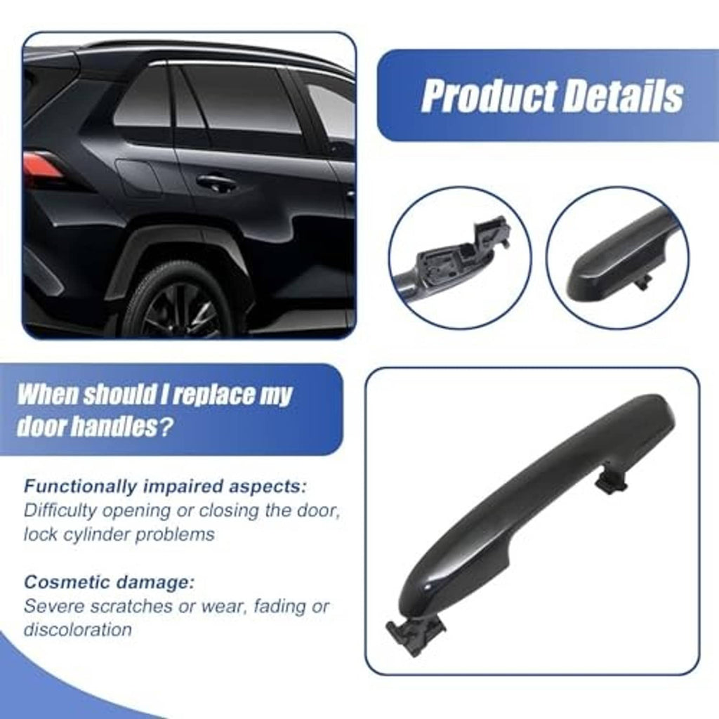 Black exterior rear door handle replacement part with installation tabs