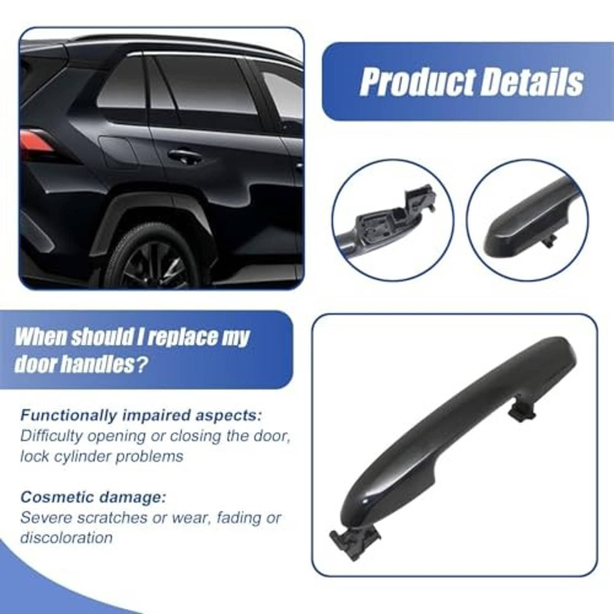 Black exterior rear door handle replacement part with installation tabs