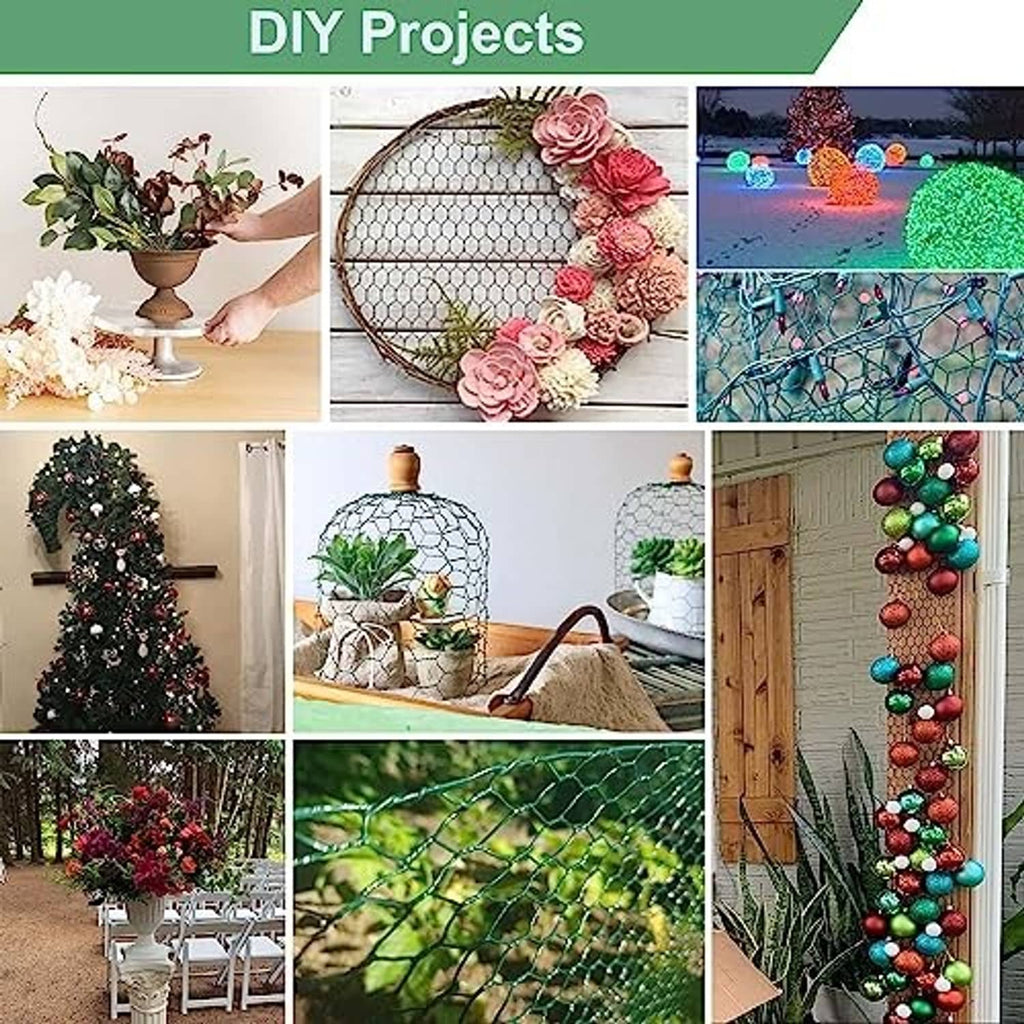 Green chicken wire mesh roll and panels for DIY crafts with hexagonal grid pattern