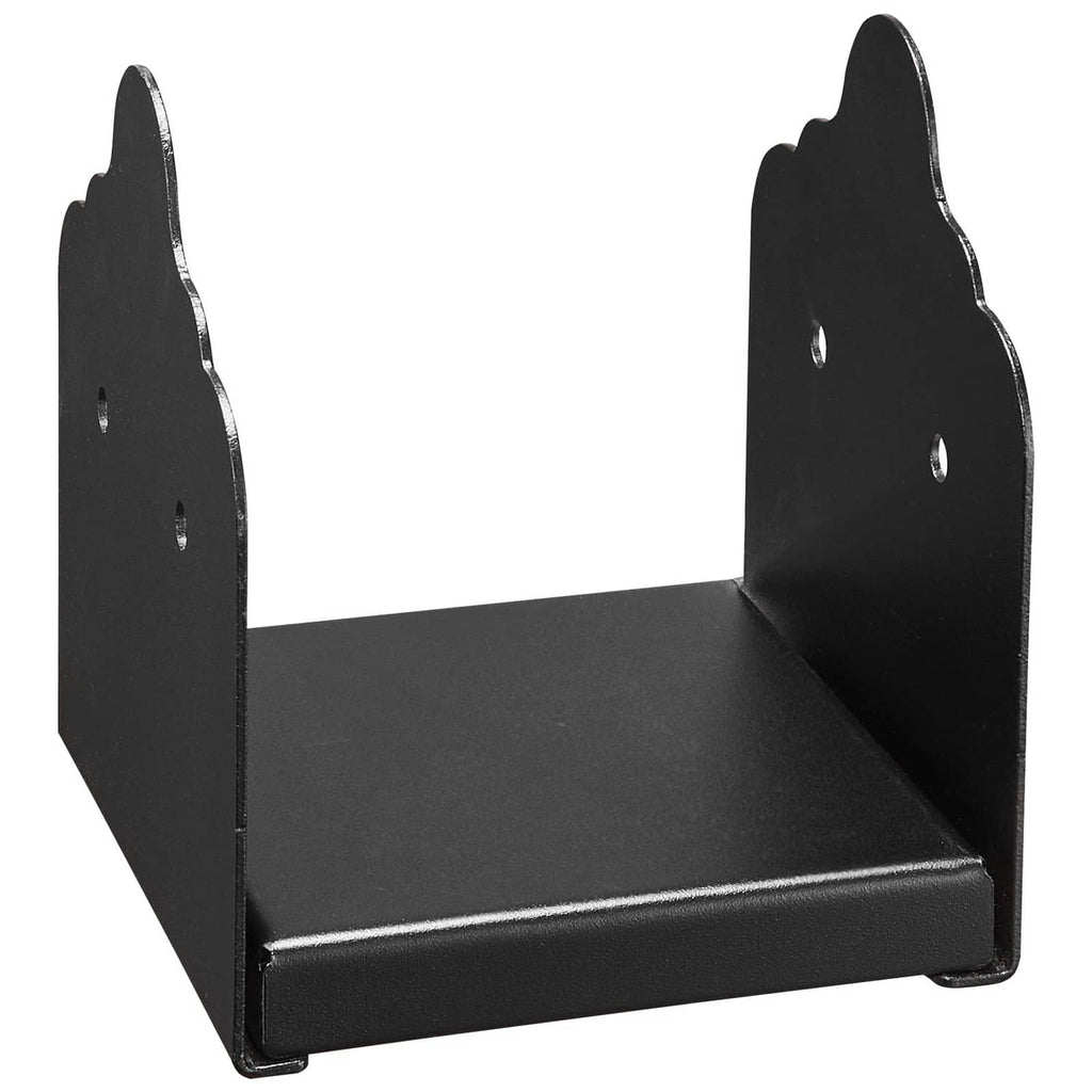Black L-shaped fence post base bracket with flat base and side walls