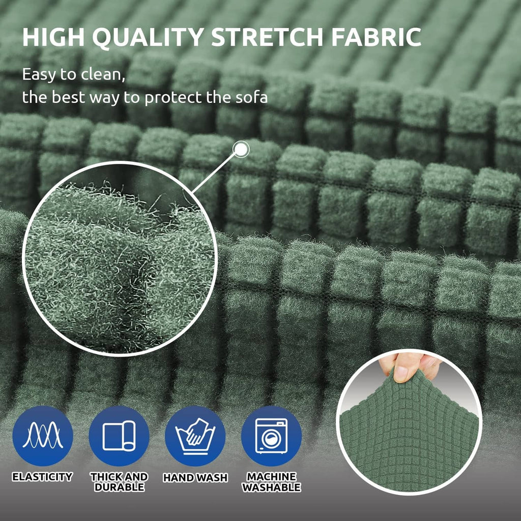 Greyish green stretch sofa cover fabric with textured waffle weave close-up