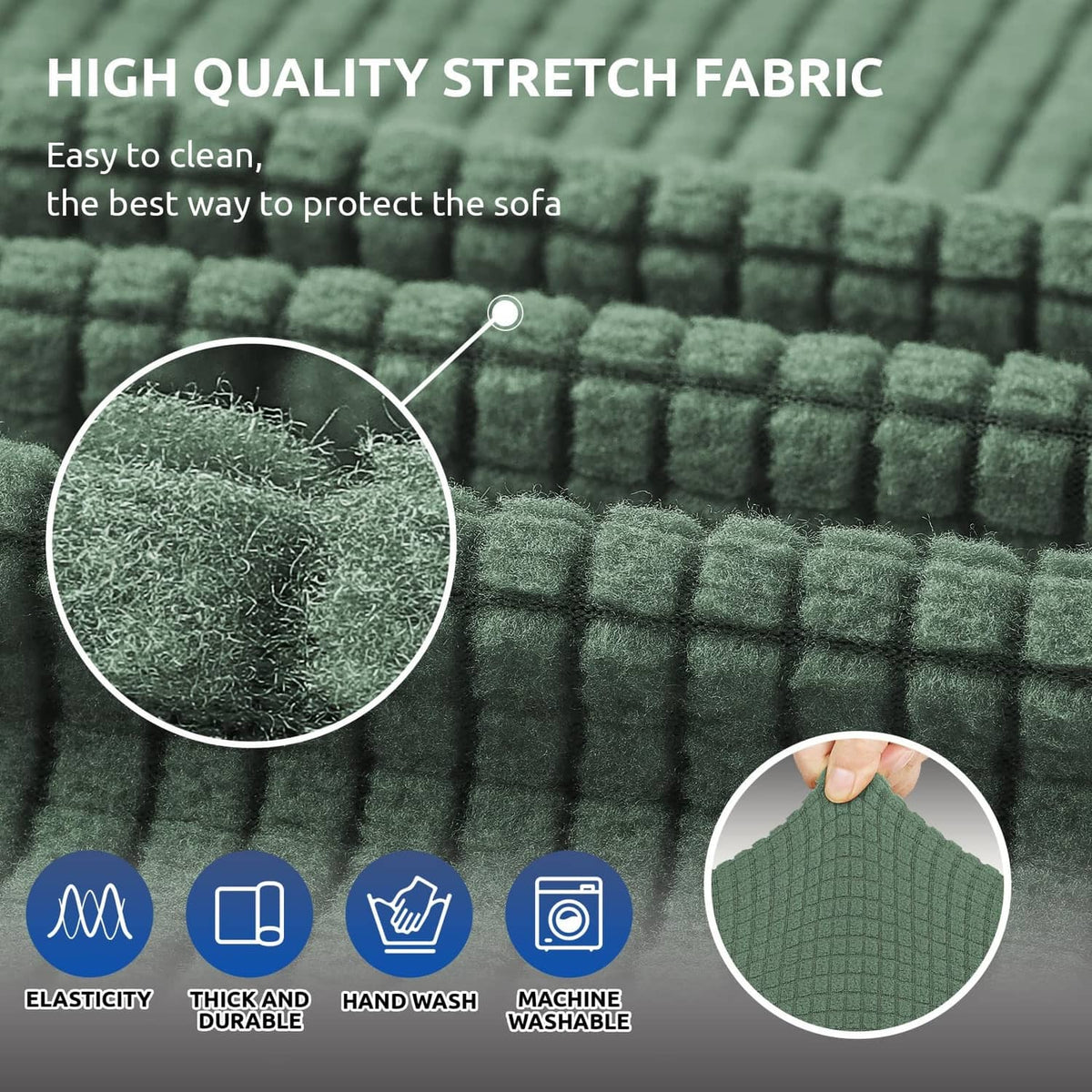 Greyish green stretch sofa cover fabric with textured waffle weave close-up
