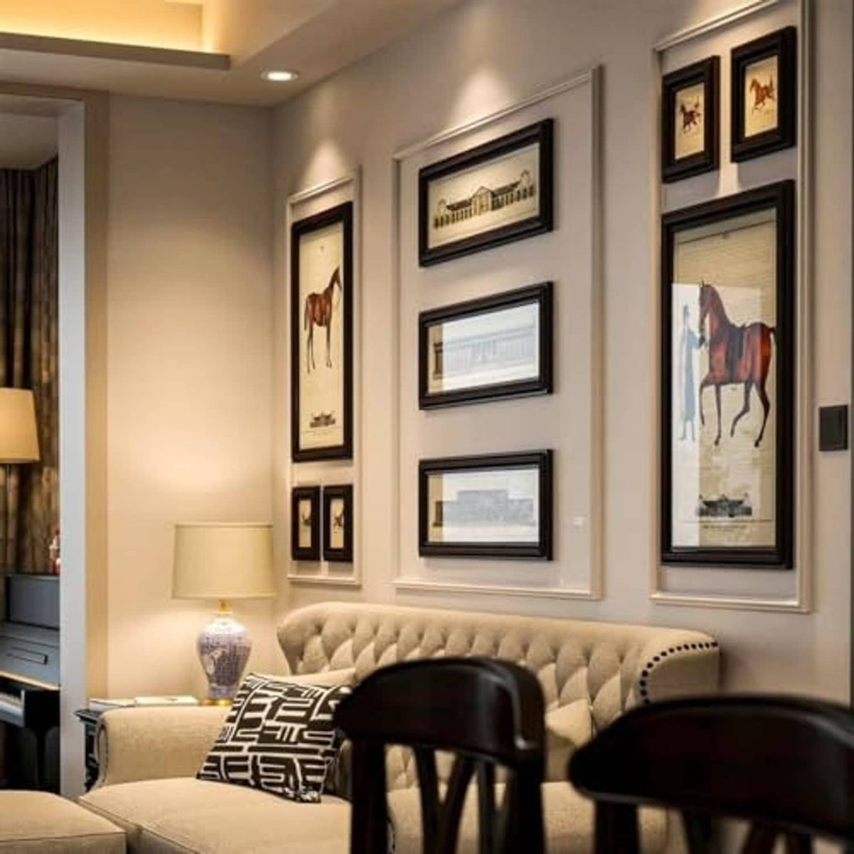 Gallery wall with multiple black wood picture frames for photos