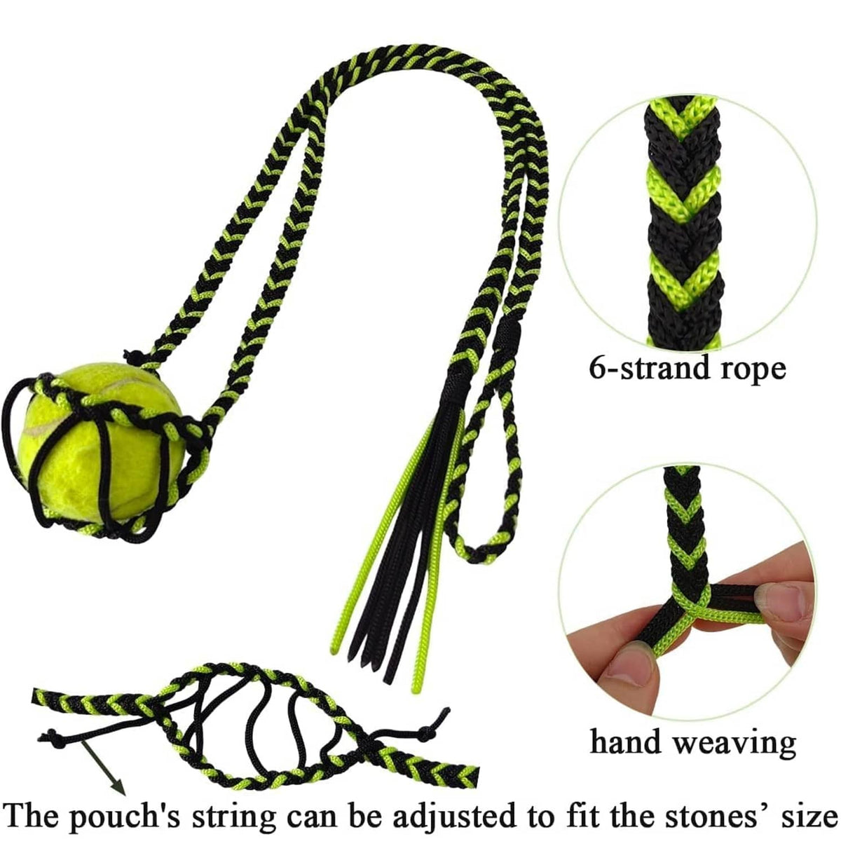 6-strand braided rope sling with green-and-black tassels and felt pouch