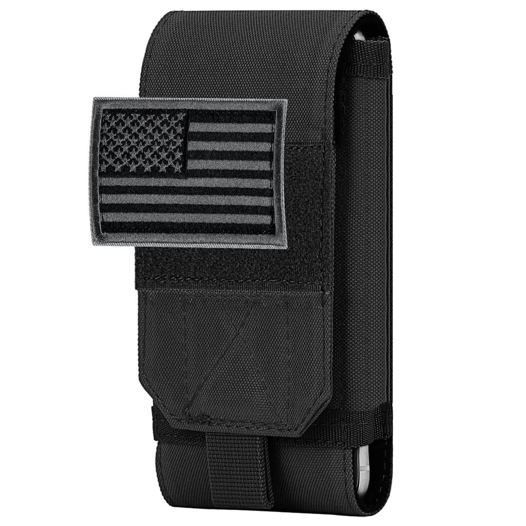 Black tactical phone holster pouch with rectangular USA flag patch and belt loop