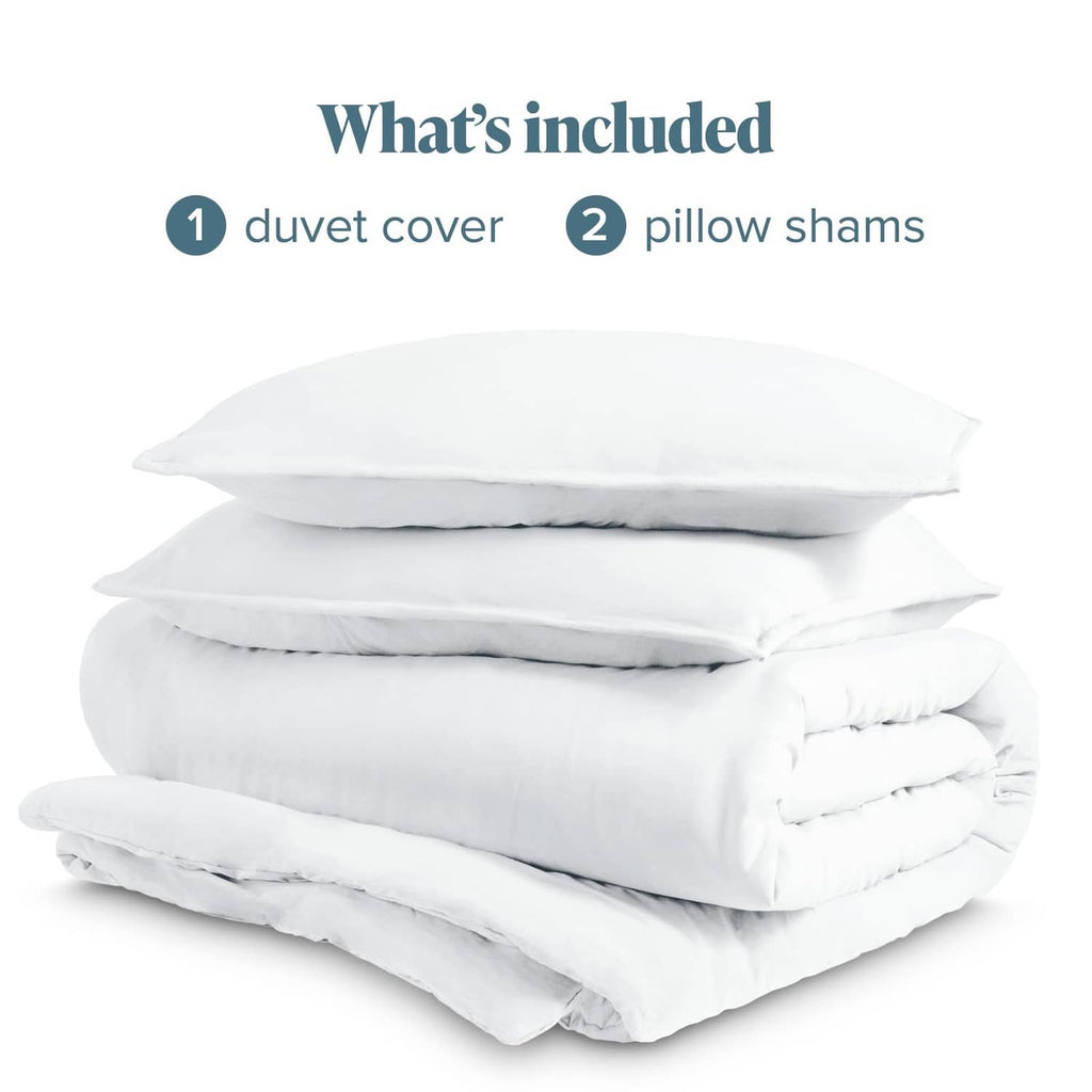 White duvet cover and pillow shams stack, folded set for queen size