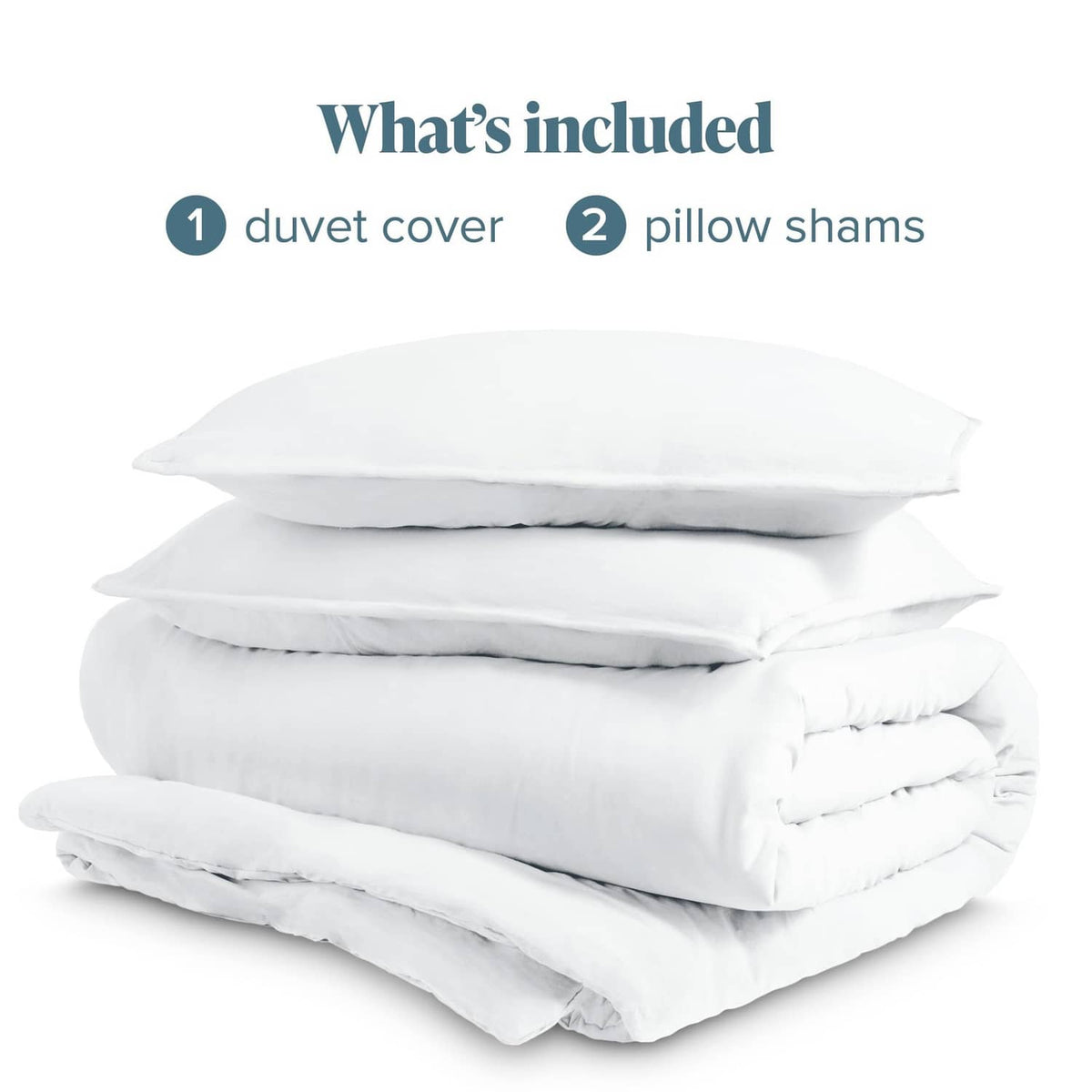 White duvet cover and pillow shams stack, folded set for queen size
