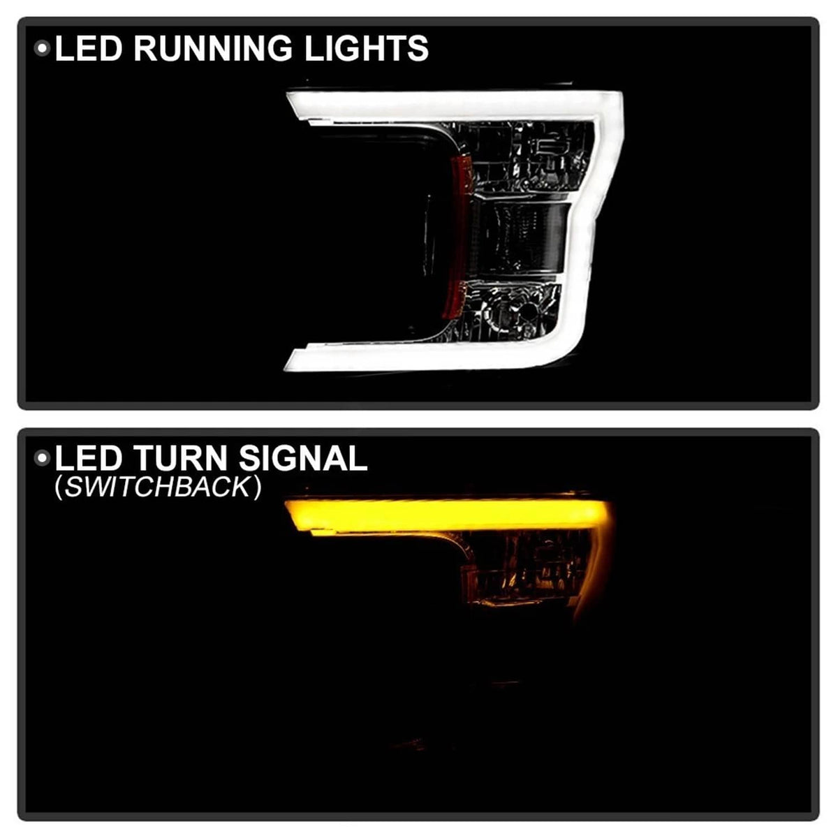 Black headlight housings with clear lens, LED running light and turn-signal glow