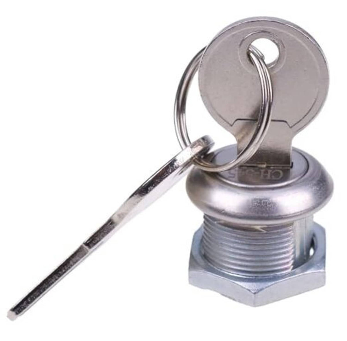 Metal lock cylinder with 2 keys and key ring, threaded post and hex base