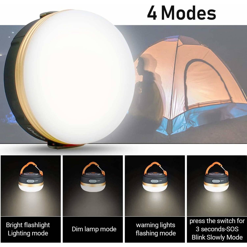 Orange LED camping lantern glowing with 4 light modes on the dark body