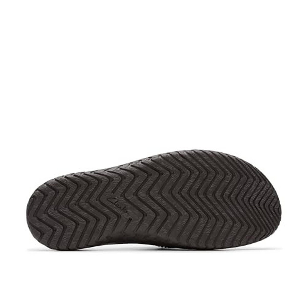 Men's slide sandals outsole with deep tread pattern on dark rubber sole