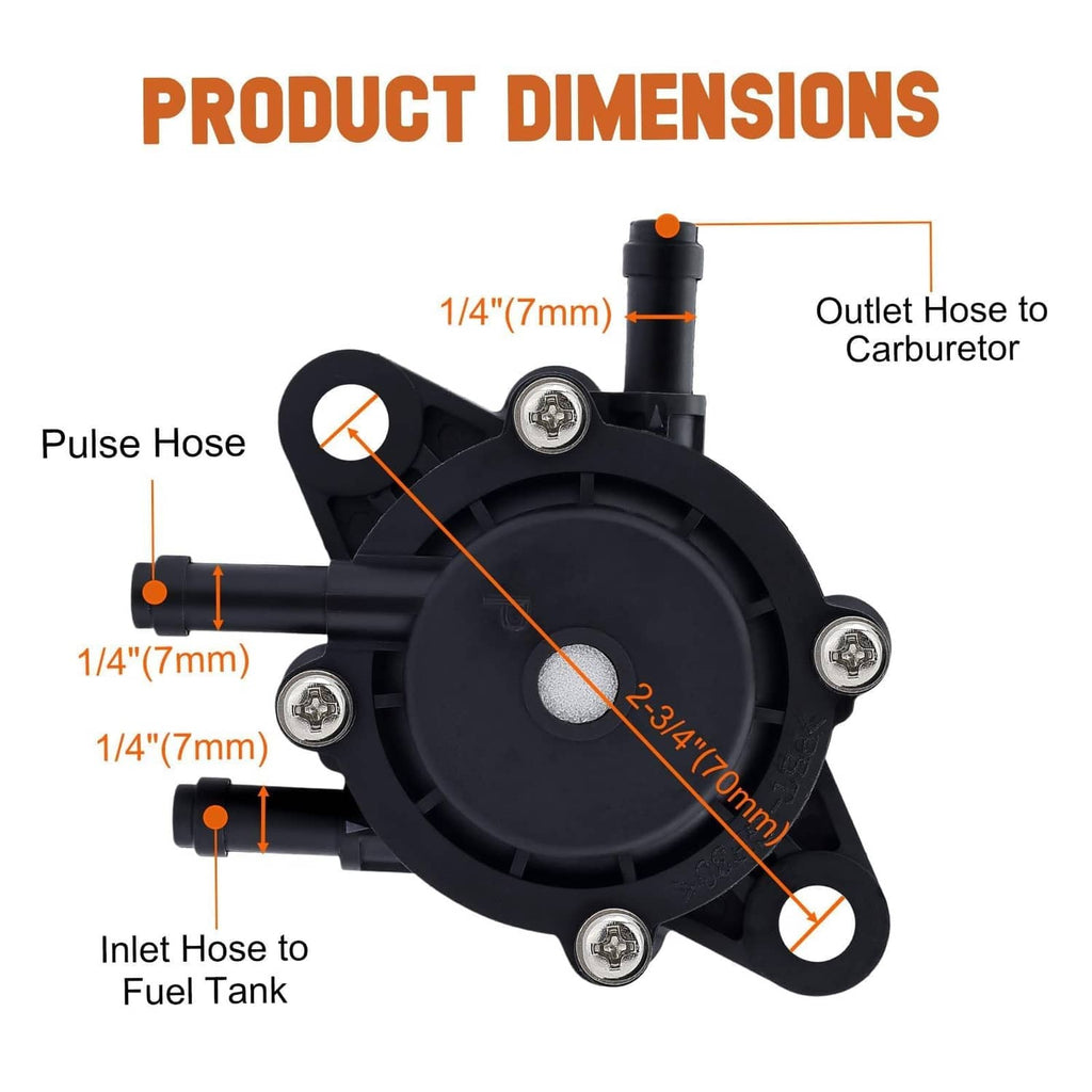 Black fuel pump with inlet and outlet hose ports, product dimension view