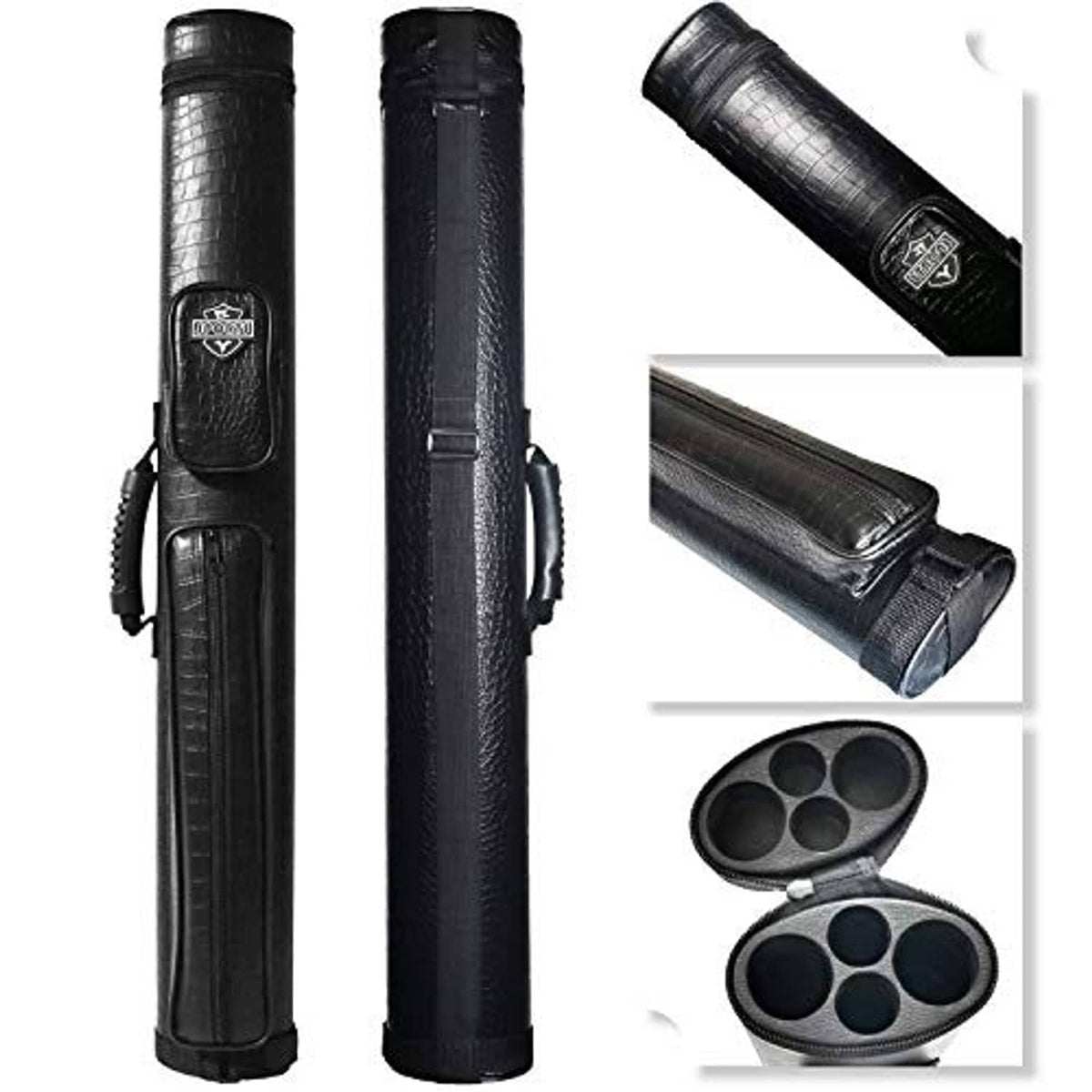 Black hard oval pool cue case with side handle, strap loops, and logo emblem