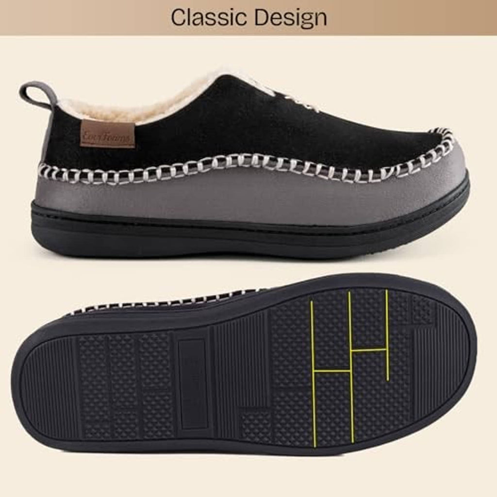 Men's black moccasin slippers with plush lining and textured rubber outsole