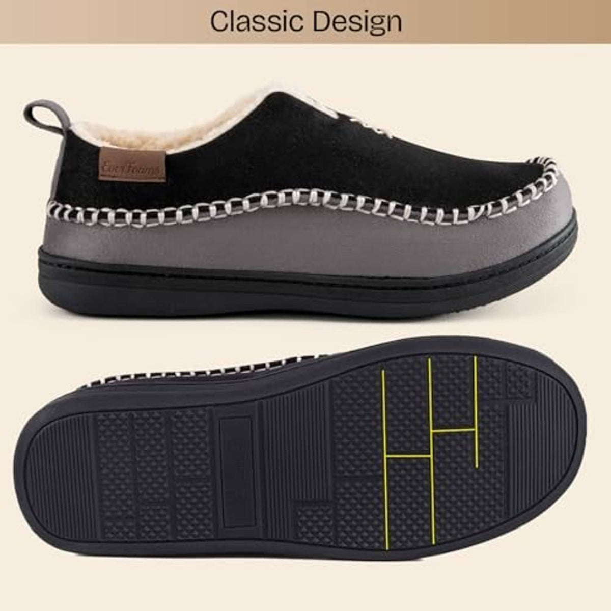 Men's black moccasin slippers with plush lining and textured rubber outsole