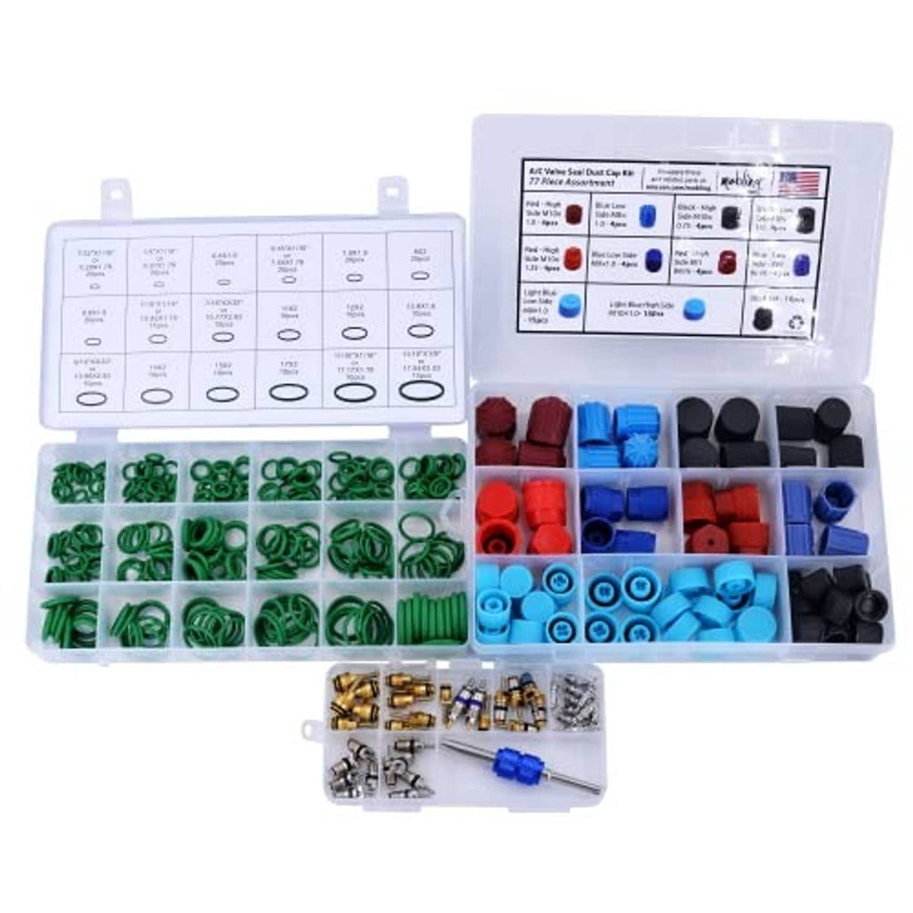 Assorted A/C valve core and O-ring kit with labeled storage case and tools