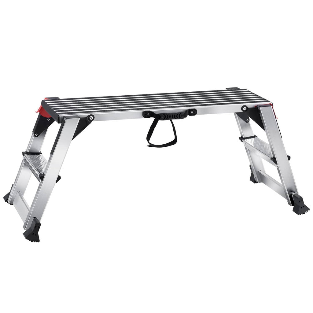Aluminum folding work platform ladder with ribbed top, folding legs, non-slip feet