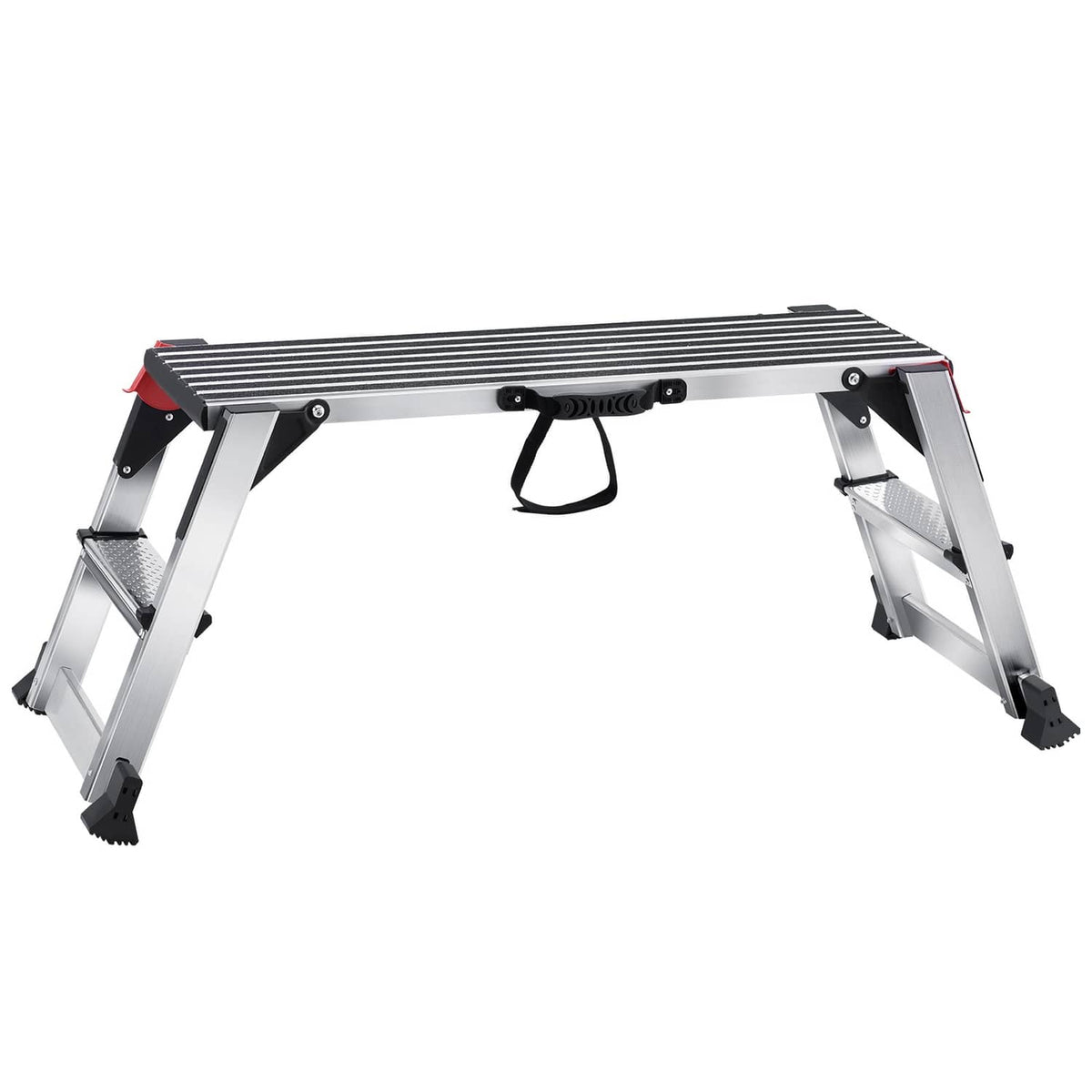 Aluminum folding work platform ladder with ribbed top, folding legs, non-slip feet