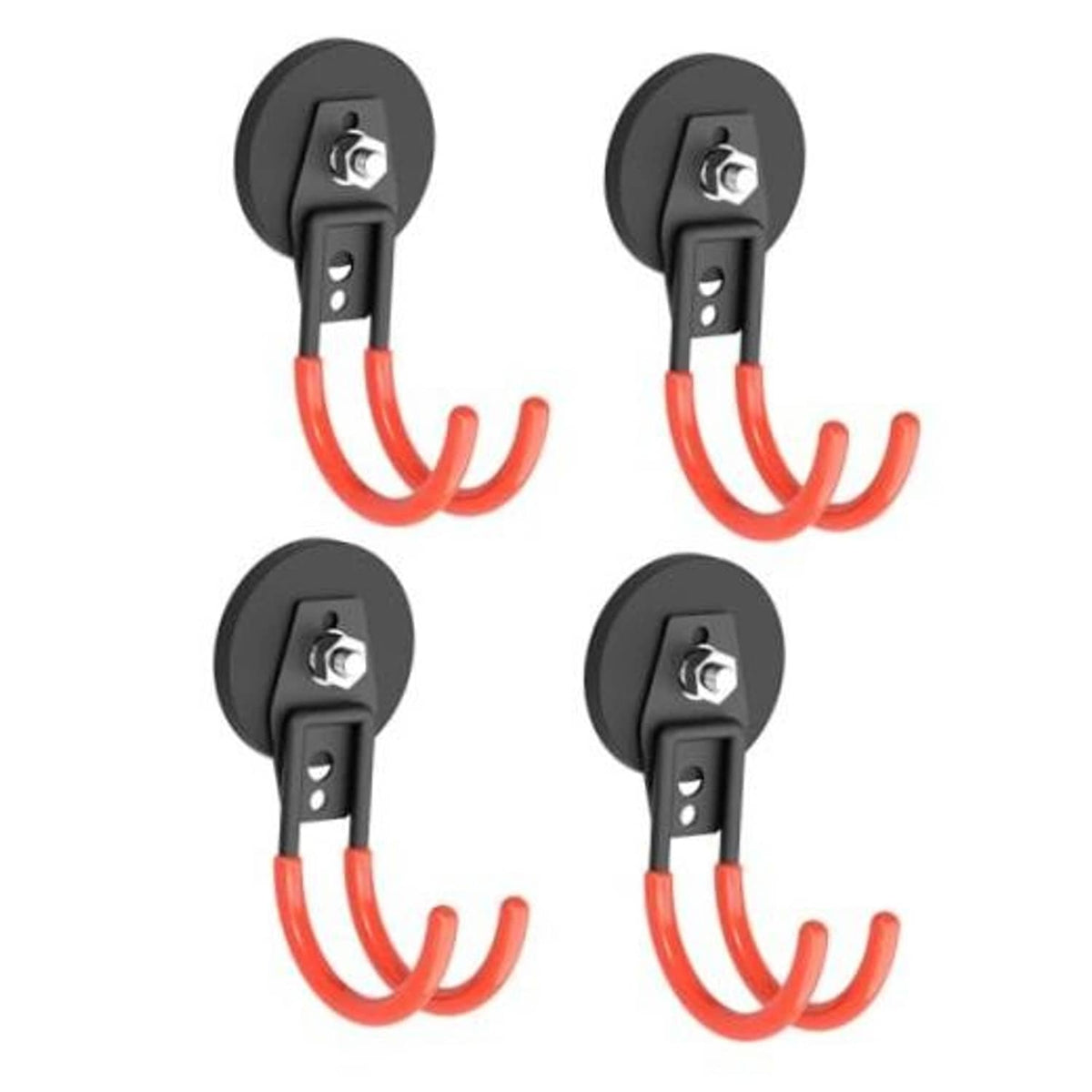 Set of 4 magnetic hooks: black round bases, red-orange rubber double prongs