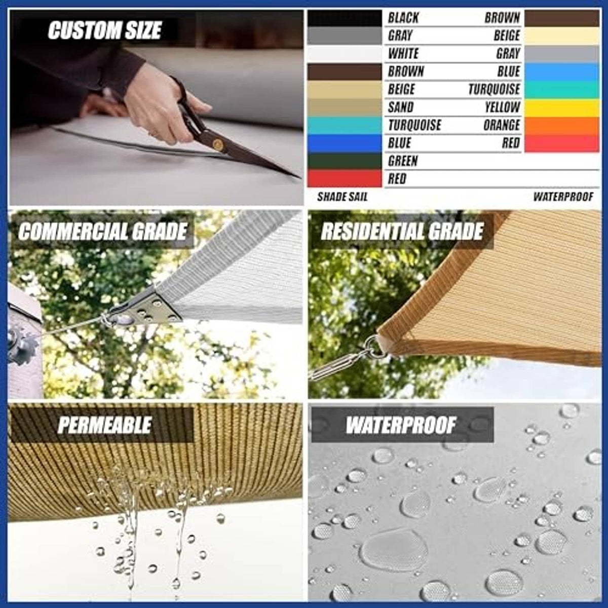 Shade sail feature and color chart with permeable, waterproof, reinforced edge icons