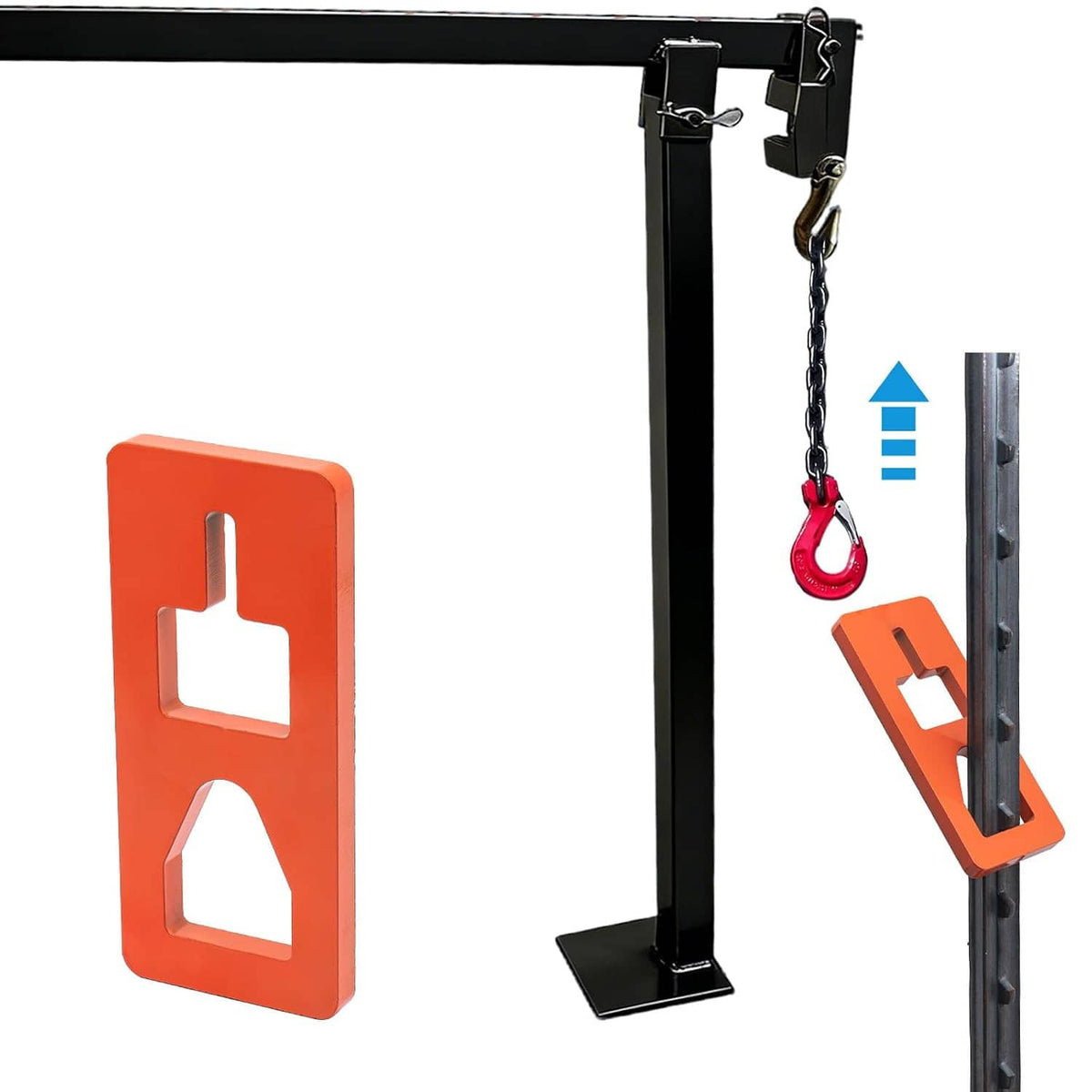 Orange puller plate on metal post stand with chain hook and steel driver alignment