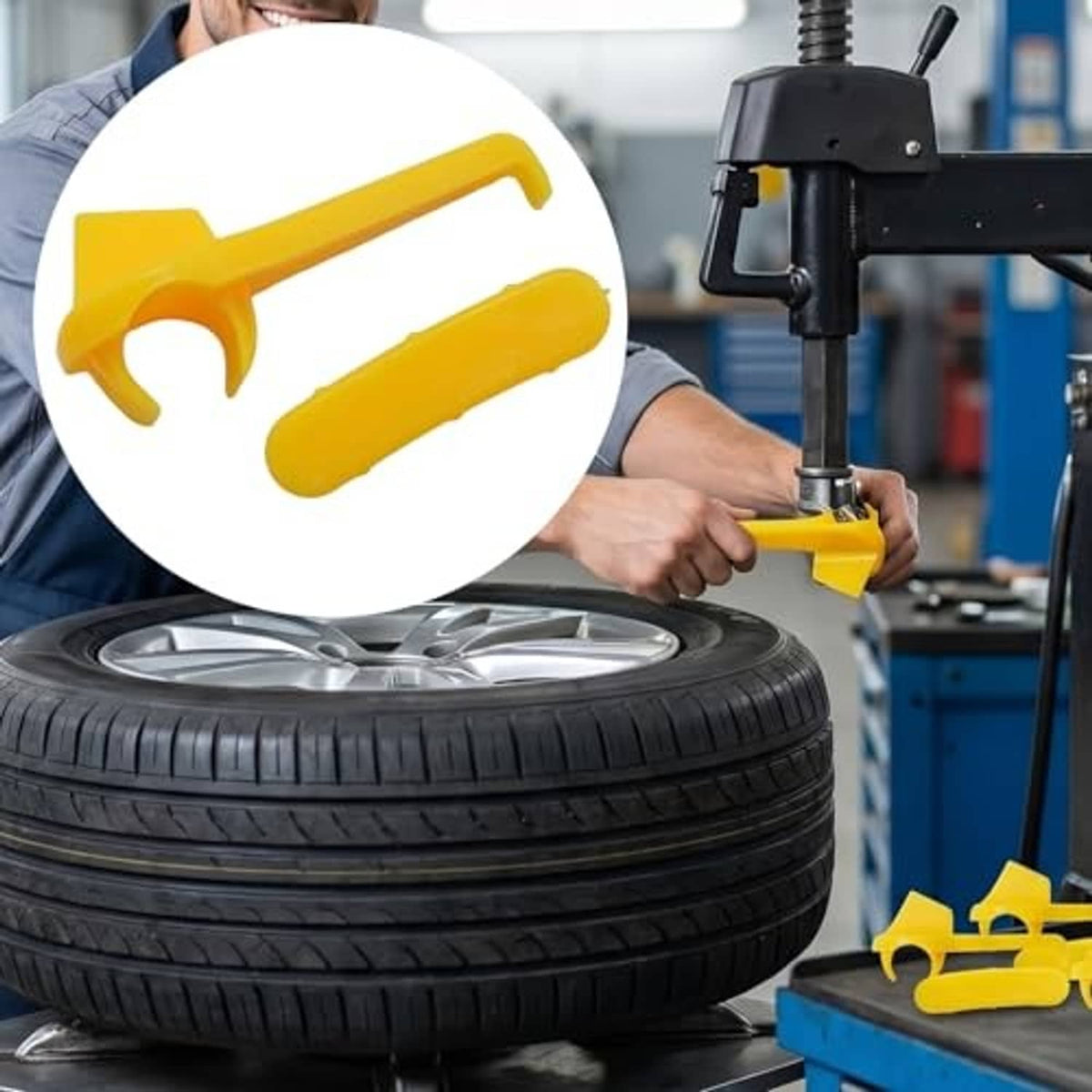 Yellow tire demount head protector insert used on a tire changer machine