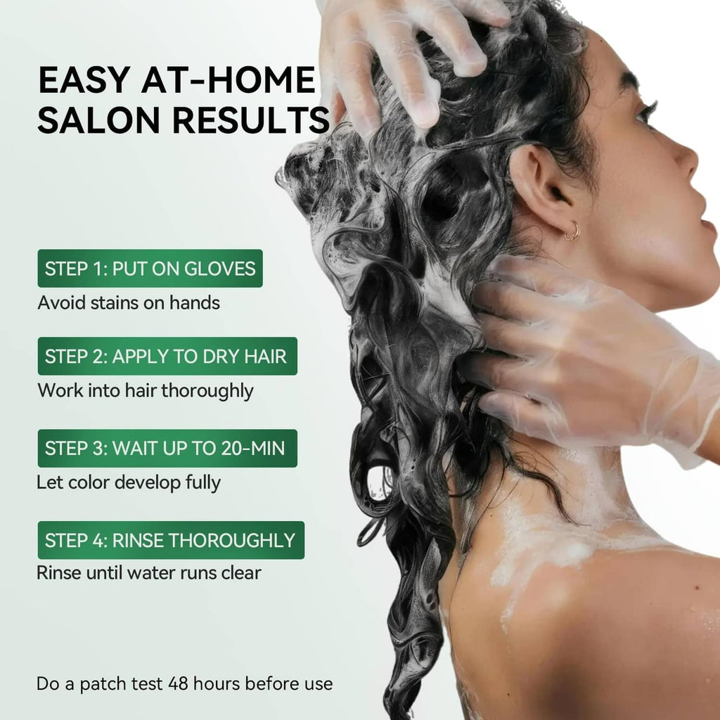 Hair dye shampoo application on wet hair, foamy lather and gloves