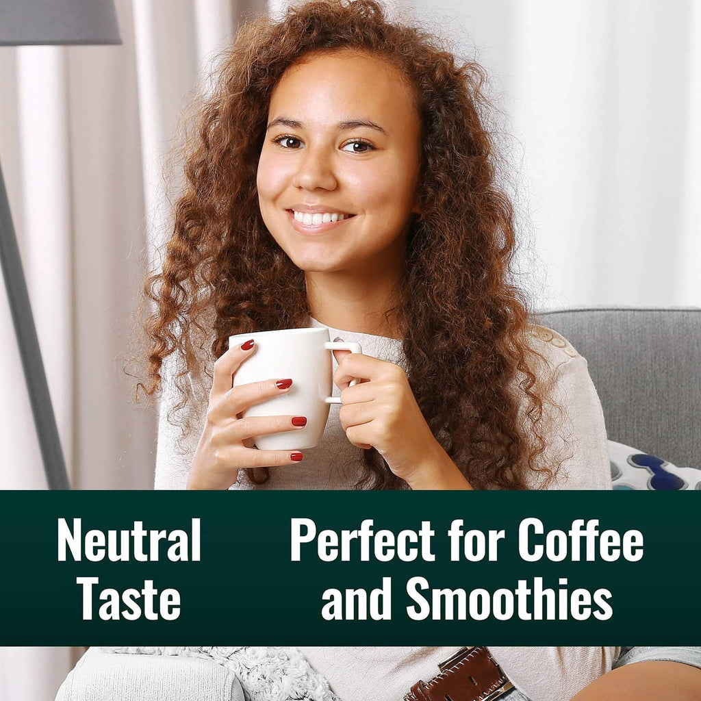 Woman holding mugs with Pure C8 MCT oil usage claims: neutral taste, smoothies