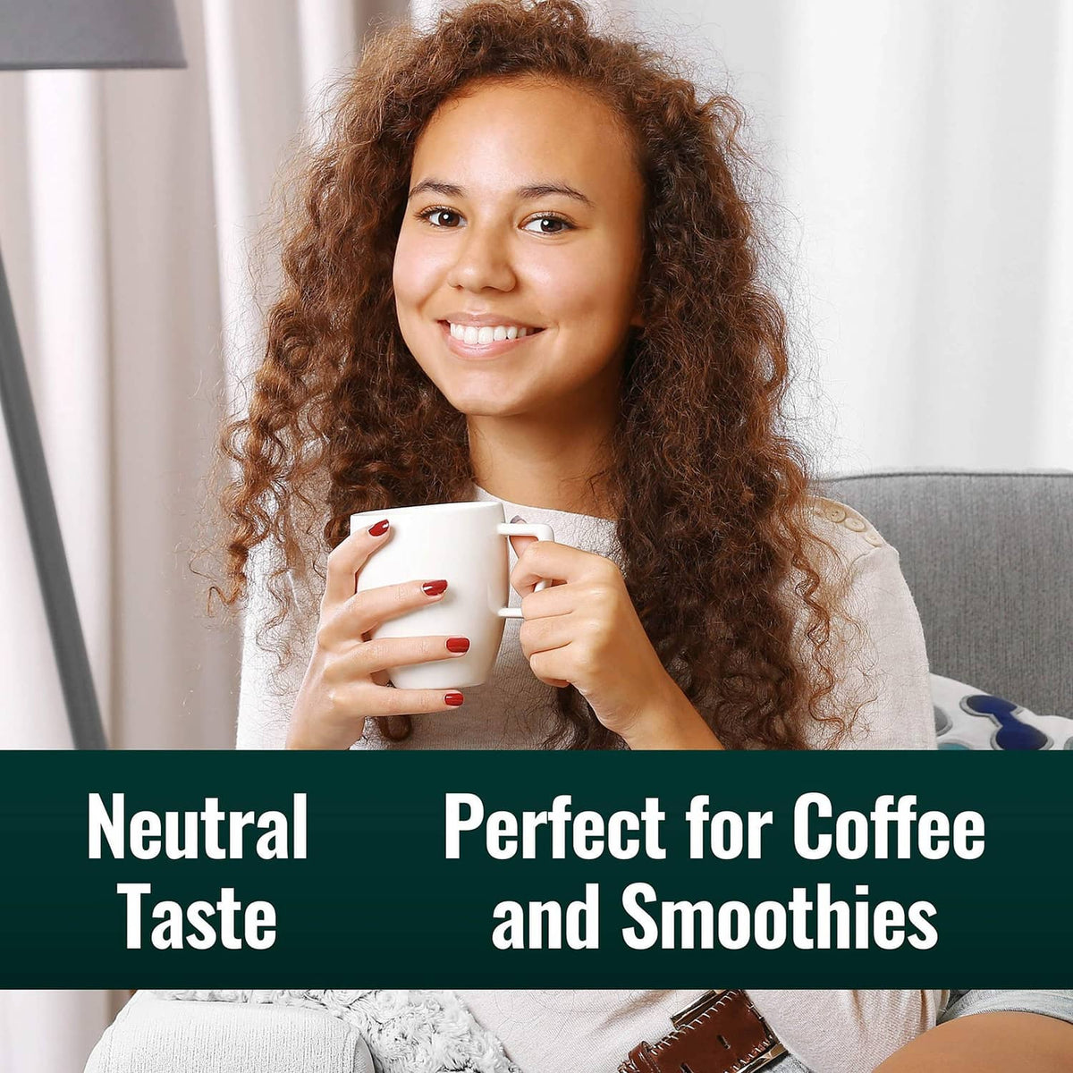 Woman holding mugs with Pure C8 MCT oil usage claims: neutral taste, smoothies