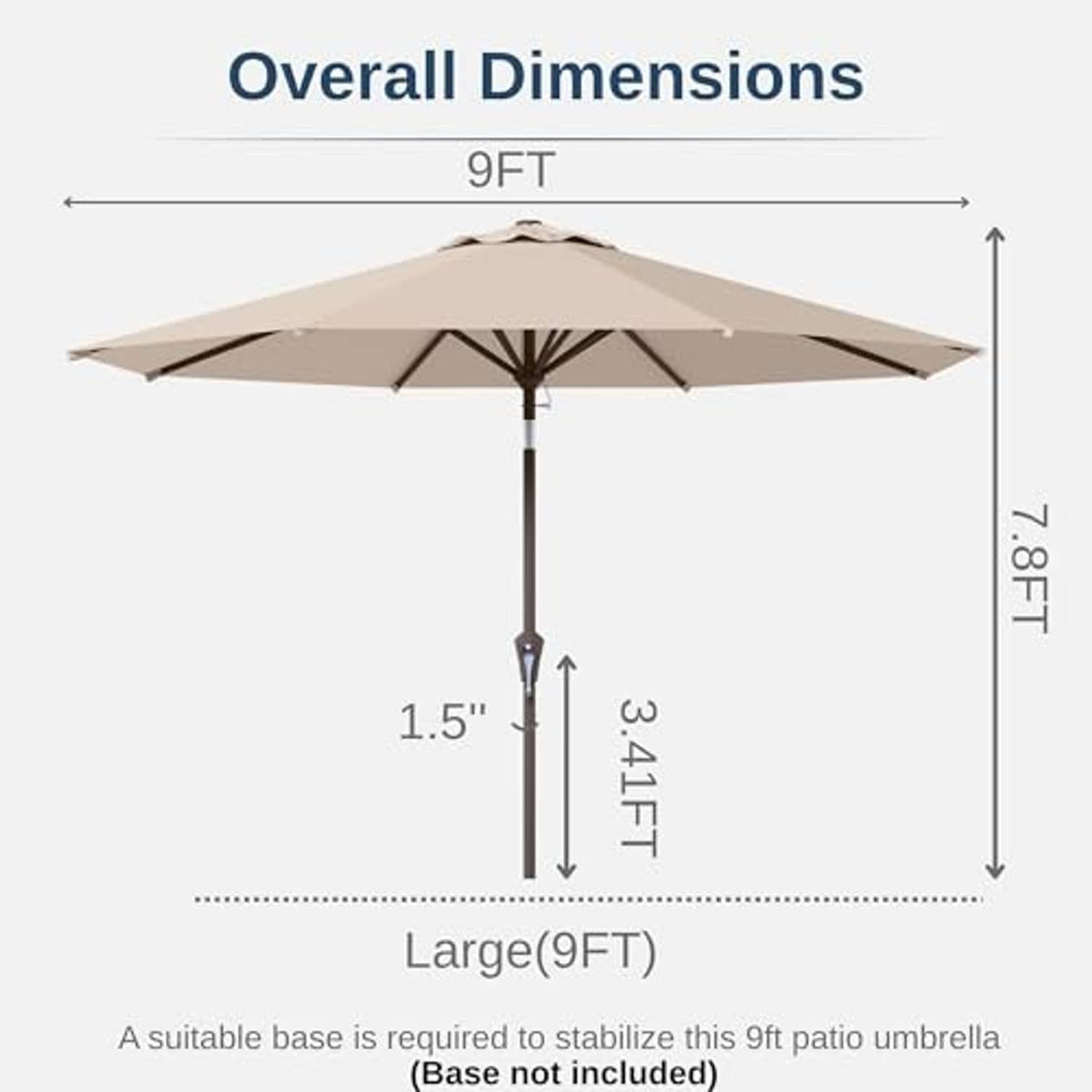 Beige 9-ft patio umbrella diagram with open canopy size and height measurements