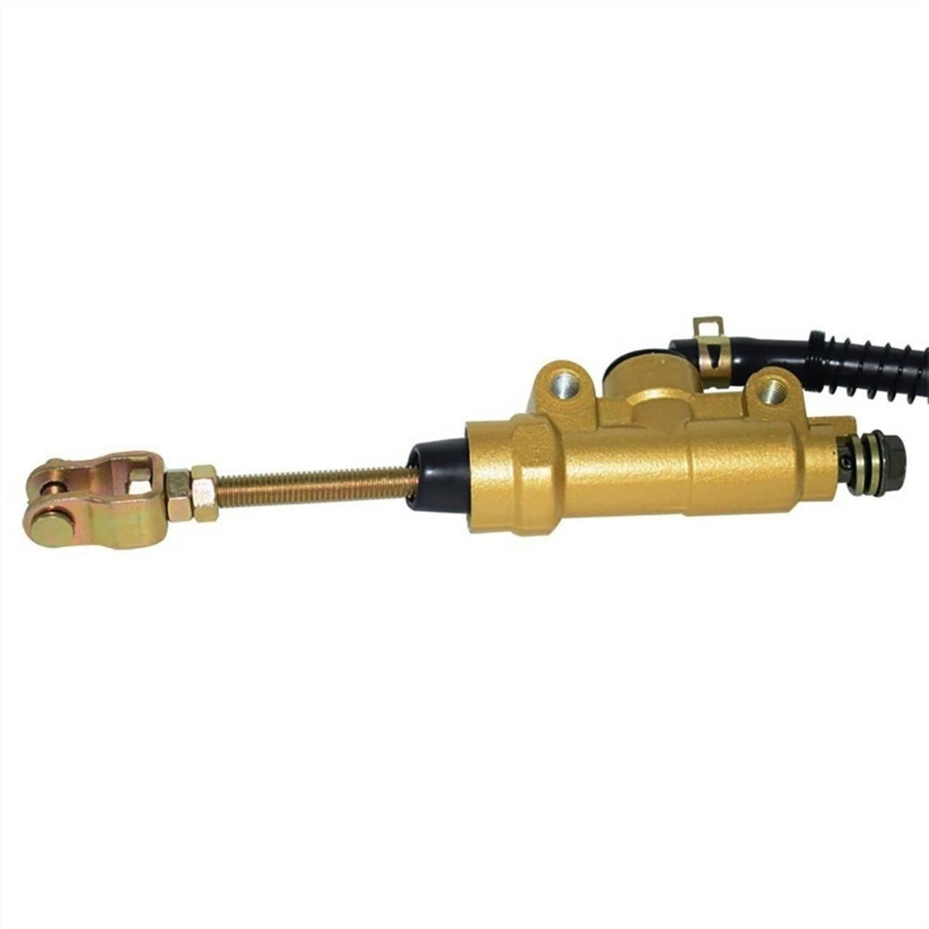Rear brake master cylinder pump with mounting rod and gold housing, black fittings