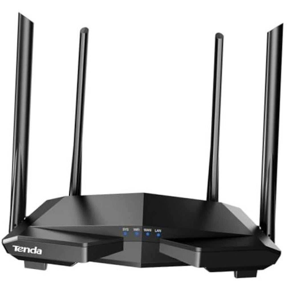Tenda dual-band WiFi router with four antennas and status LEDs, desktop unit.