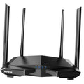 Tenda dual-band WiFi router with four antennas and status LEDs, desktop unit.