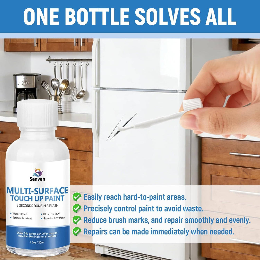 Multi-surface touch-up paint bottle with pen-style applicator held by hand
