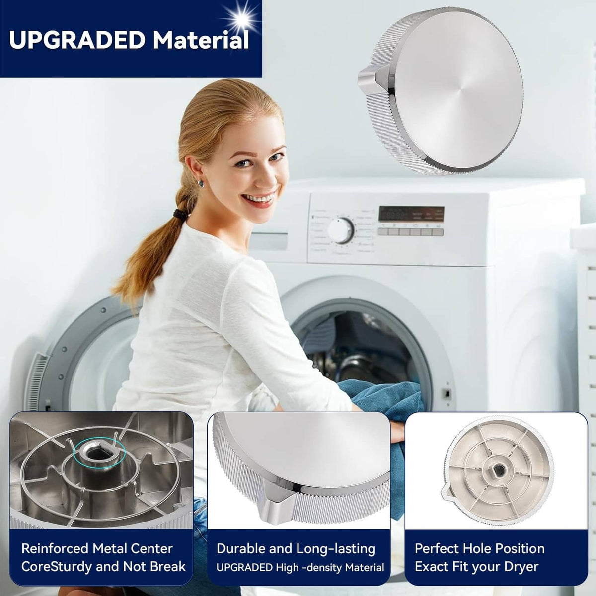 Silver round dryer control knob with ridged edge and side tab for secure turning.