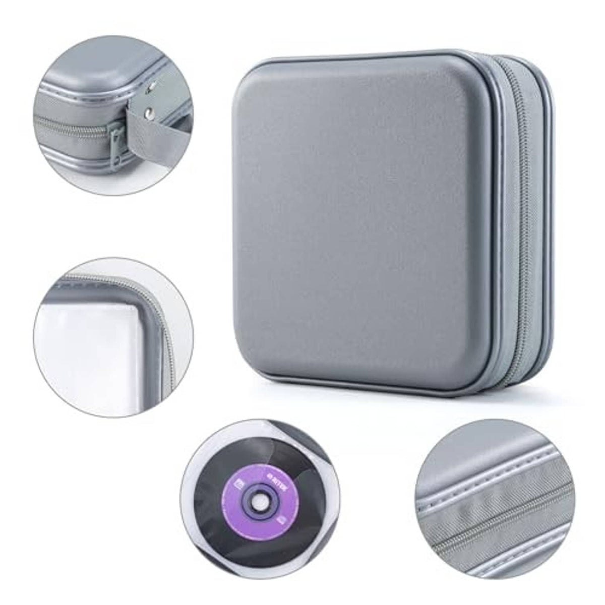 Gray hard plastic DVD case with zipper track details and inner disc storage