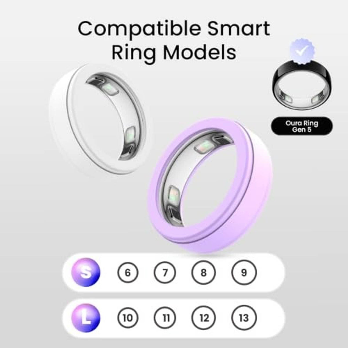 Purple silicone ring cover with size options S through 13 shown below