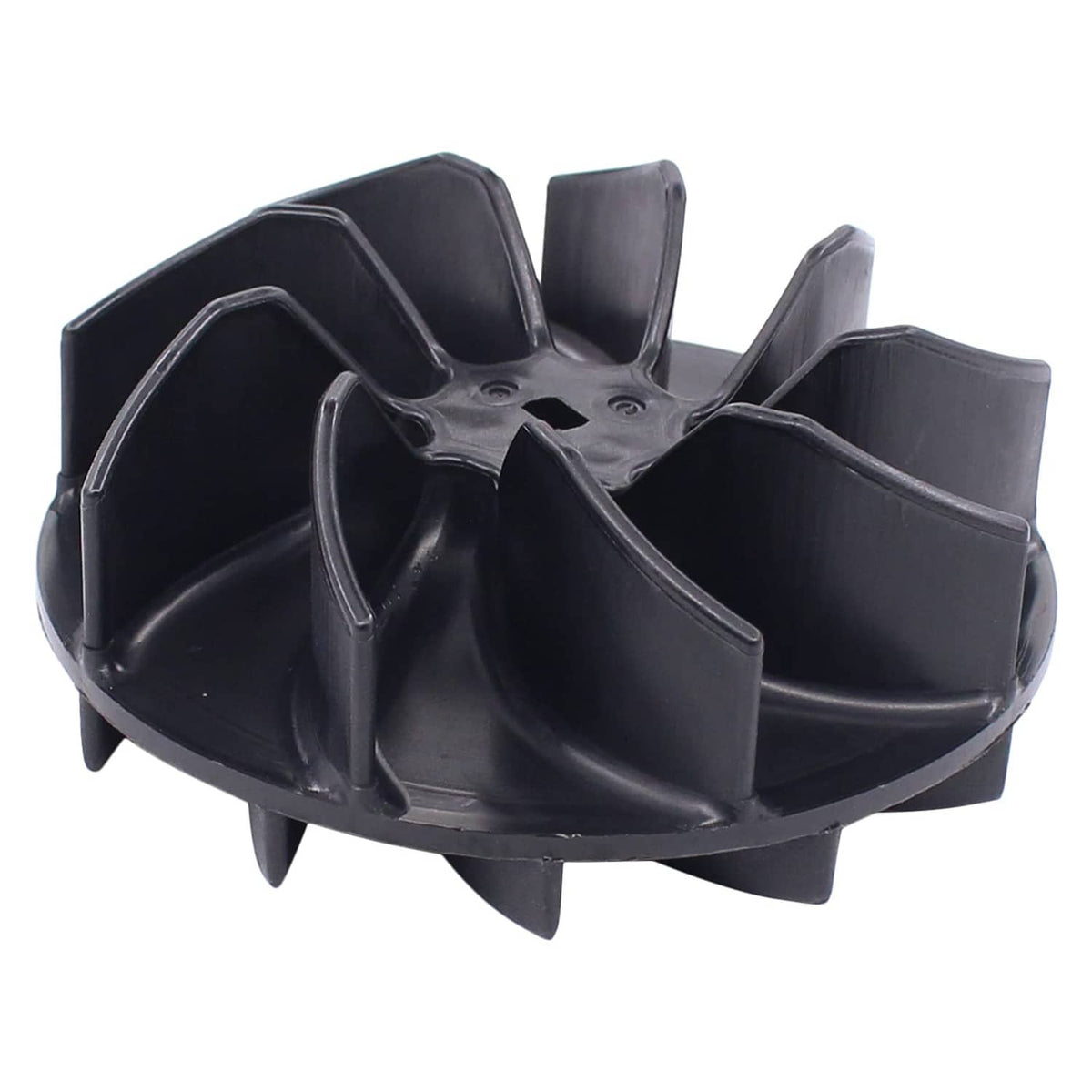 Black plastic blower vacuum impeller fan with five curved blades and central hub