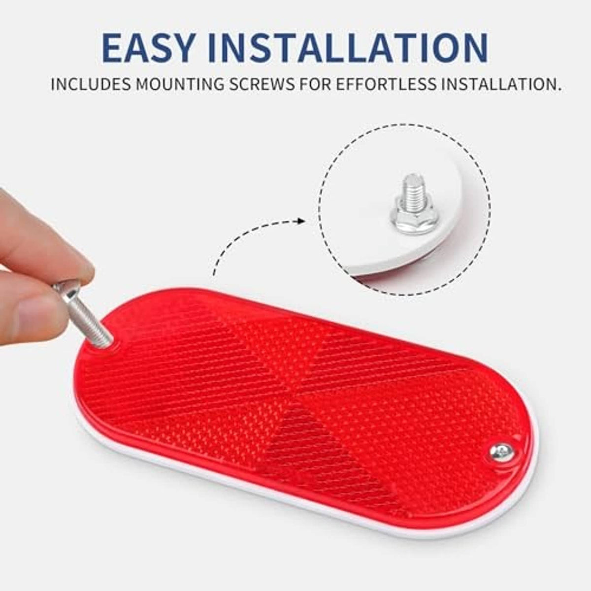 Red oval bike reflector with mounting screw installation shown.