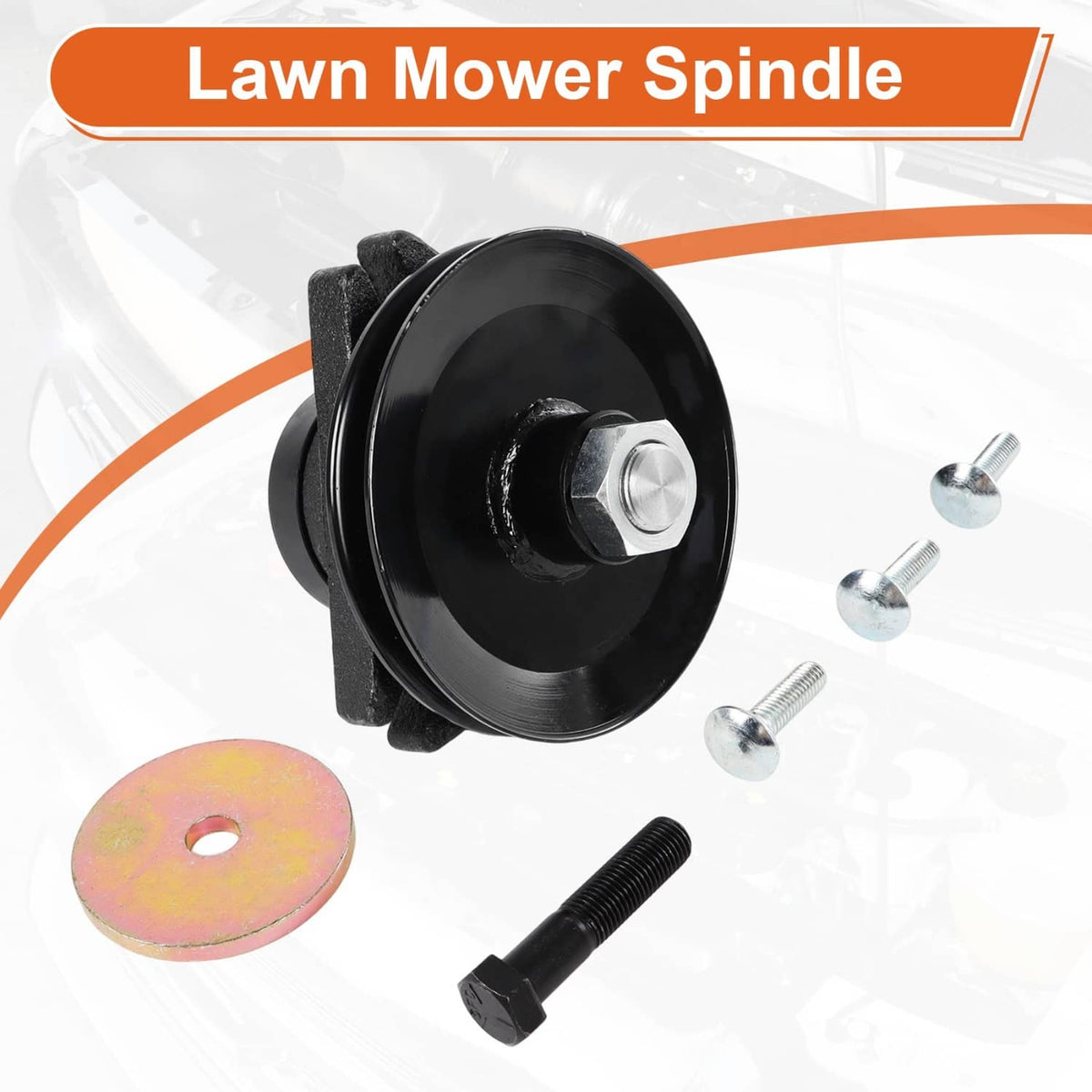 Lawn mower spindle with black pulley, screws, and mounting washer
