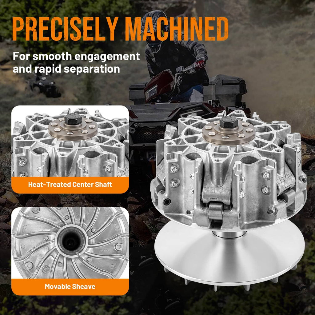 Primary clutch with silver machined housing and round cover plate, side by side