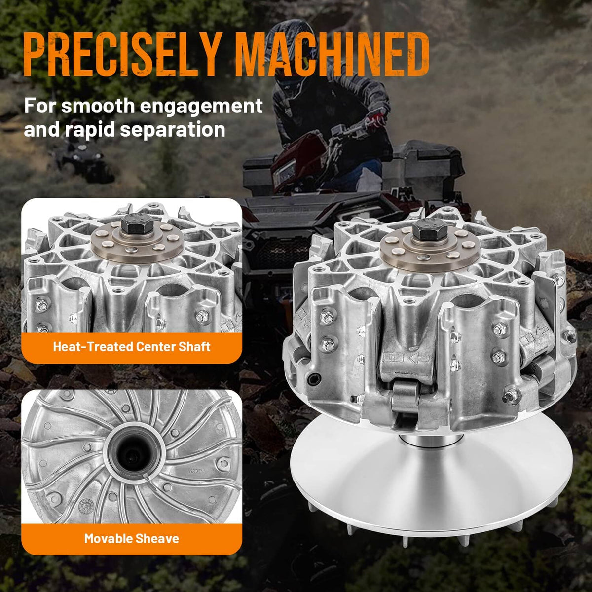 Primary clutch with silver machined housing and round cover plate, side by side