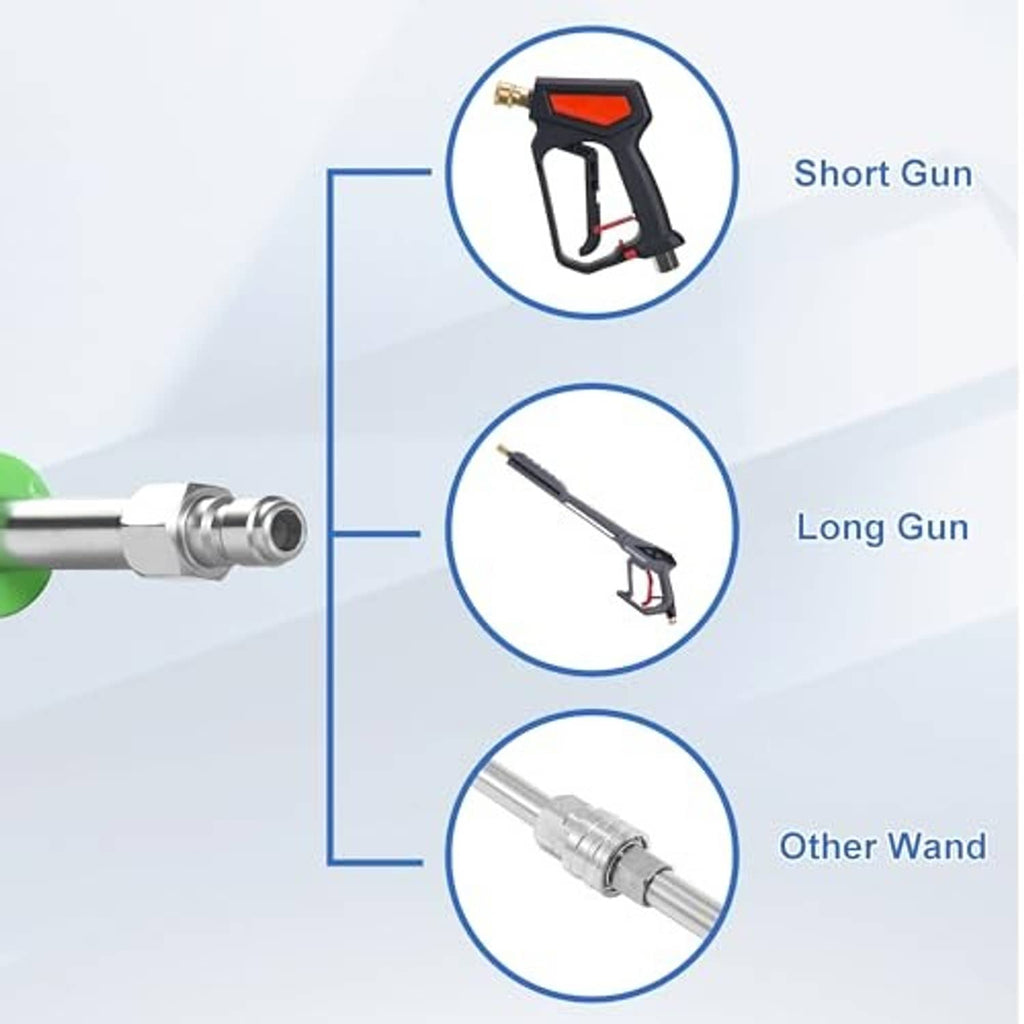 Pressure washer extension wand section with metal couplers and green grip