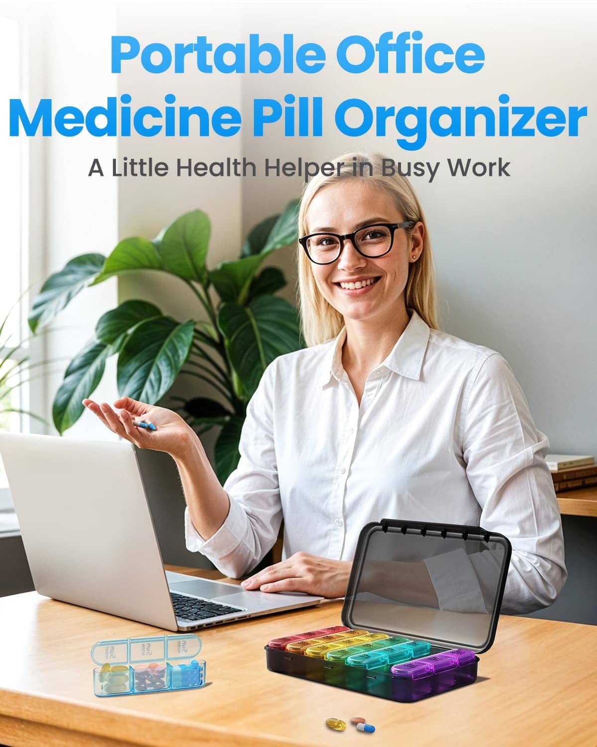 Portable pill organizer case with clear lid showing multicolor day compartments