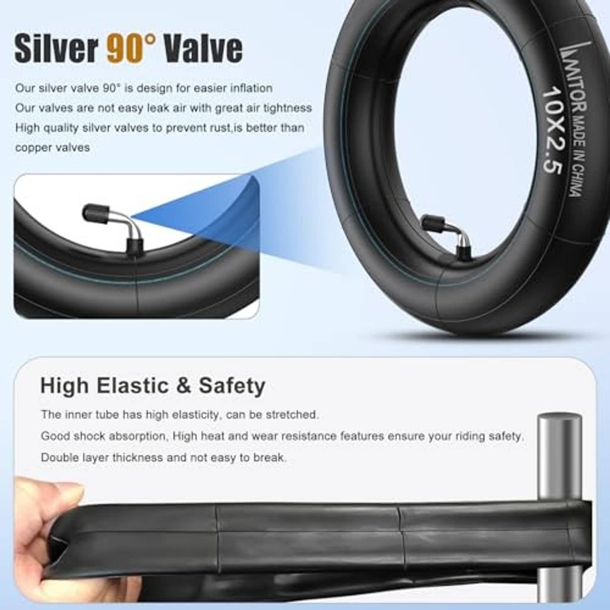 Black scooter inner tube with silver air valve stem, close-up