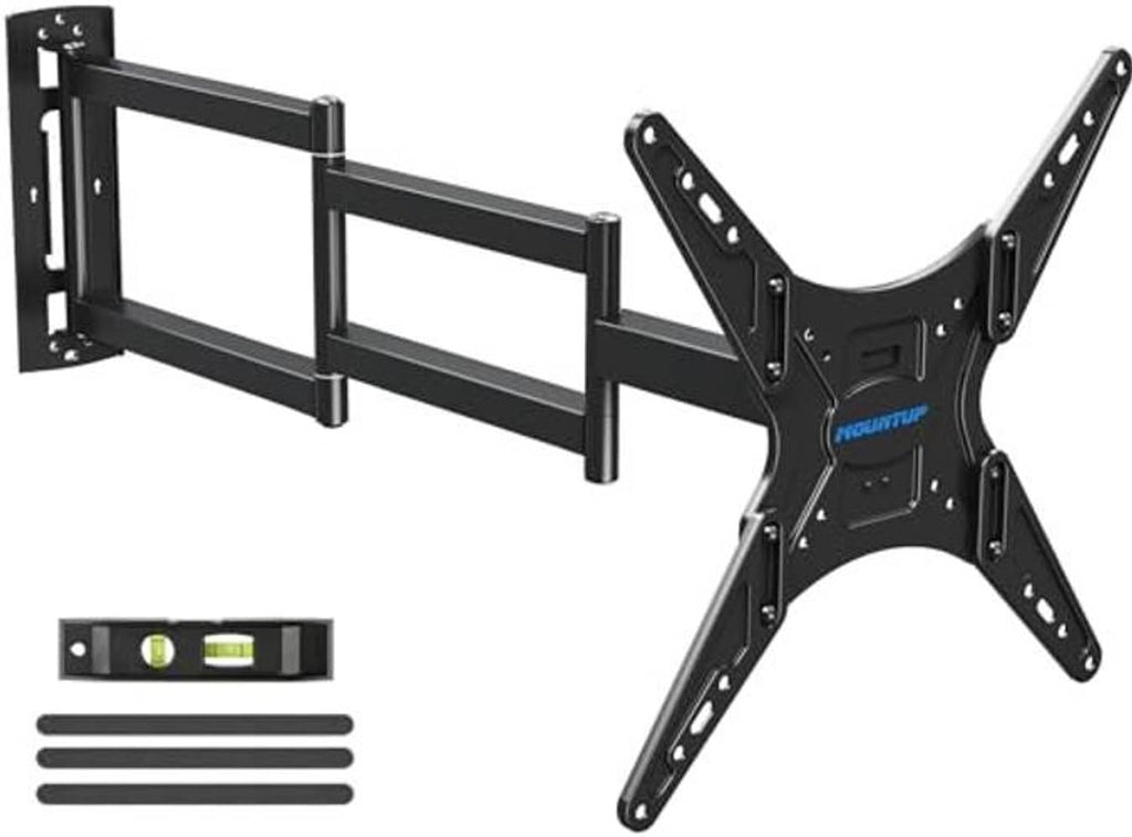 Black long-arm TV wall mount with VESA plate and mounting hardware kit